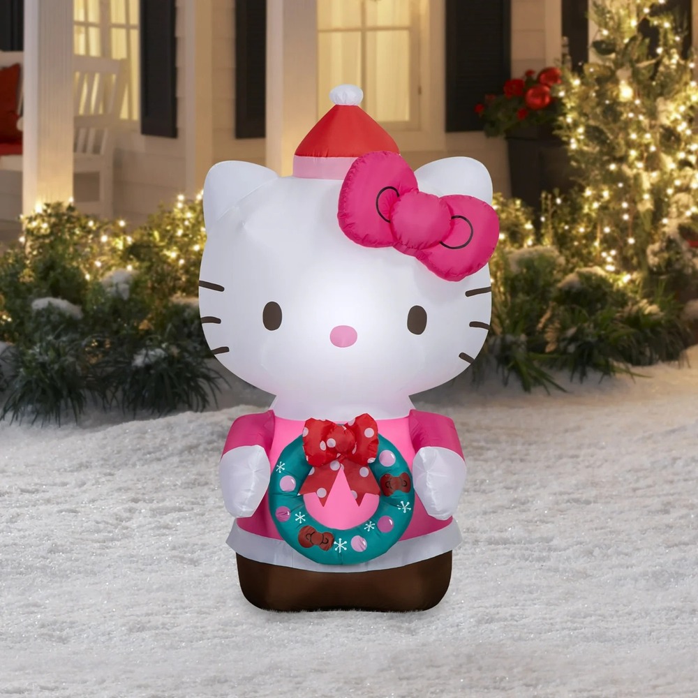 Christmas Inflatable Hello Kitty in Pink Dress Santa Hat Green Wreath 4.5 Ft